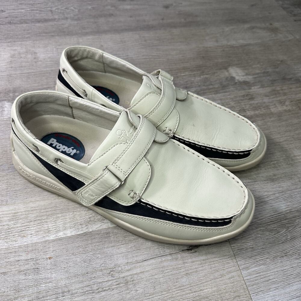 Propét M9005 Men's Leather Loafer Hook & Loop White Black Adjustable Size 9